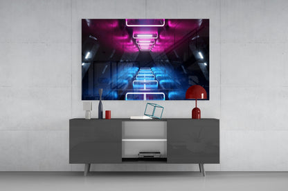 Pink Blue Neon Frame Tunnel Glass Wall Art
