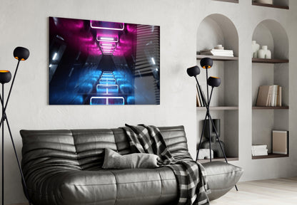 Pink Blue Neon Frame Tunnel Glass Wall Art