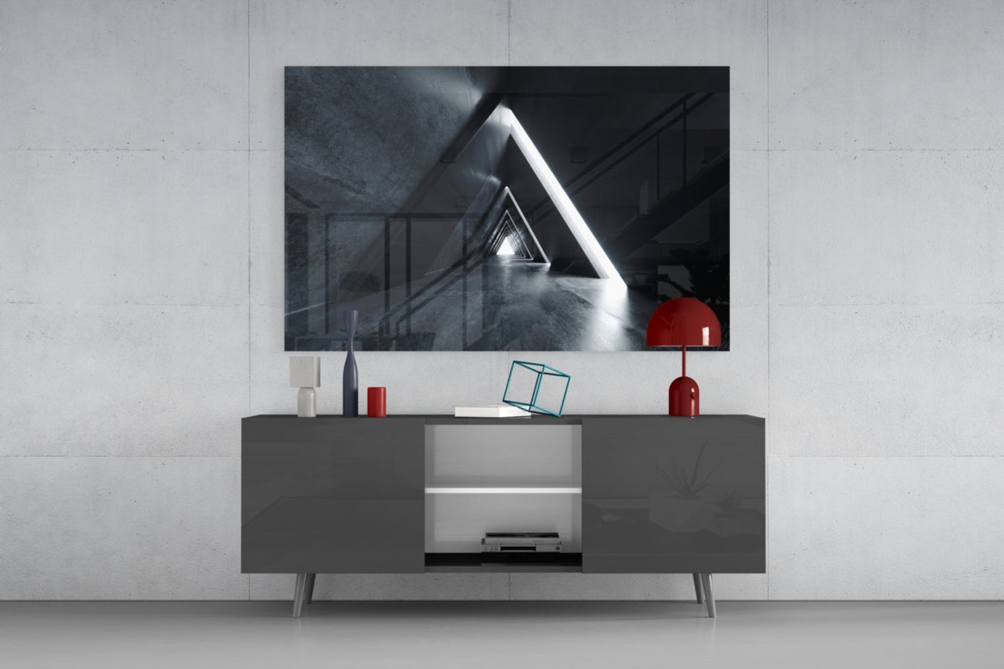 Dark Triangle Corridor With Neon Light Glass Wall Art