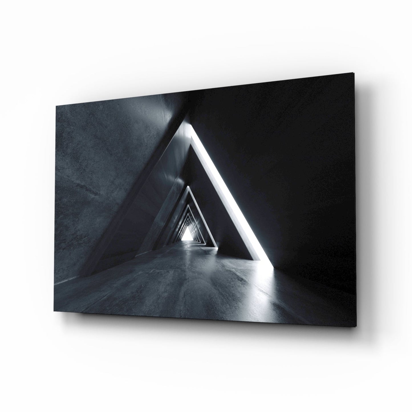 Dark Triangle Corridor With Neon Light Glass Wall Art