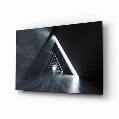 Dark Triangle Corridor With Neon Light Glass Wall Art
