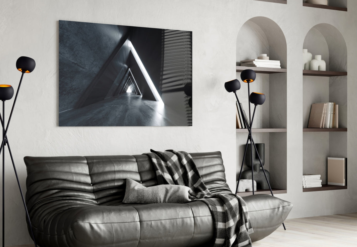 Dark Triangle Corridor With Neon Light Glass Wall Art