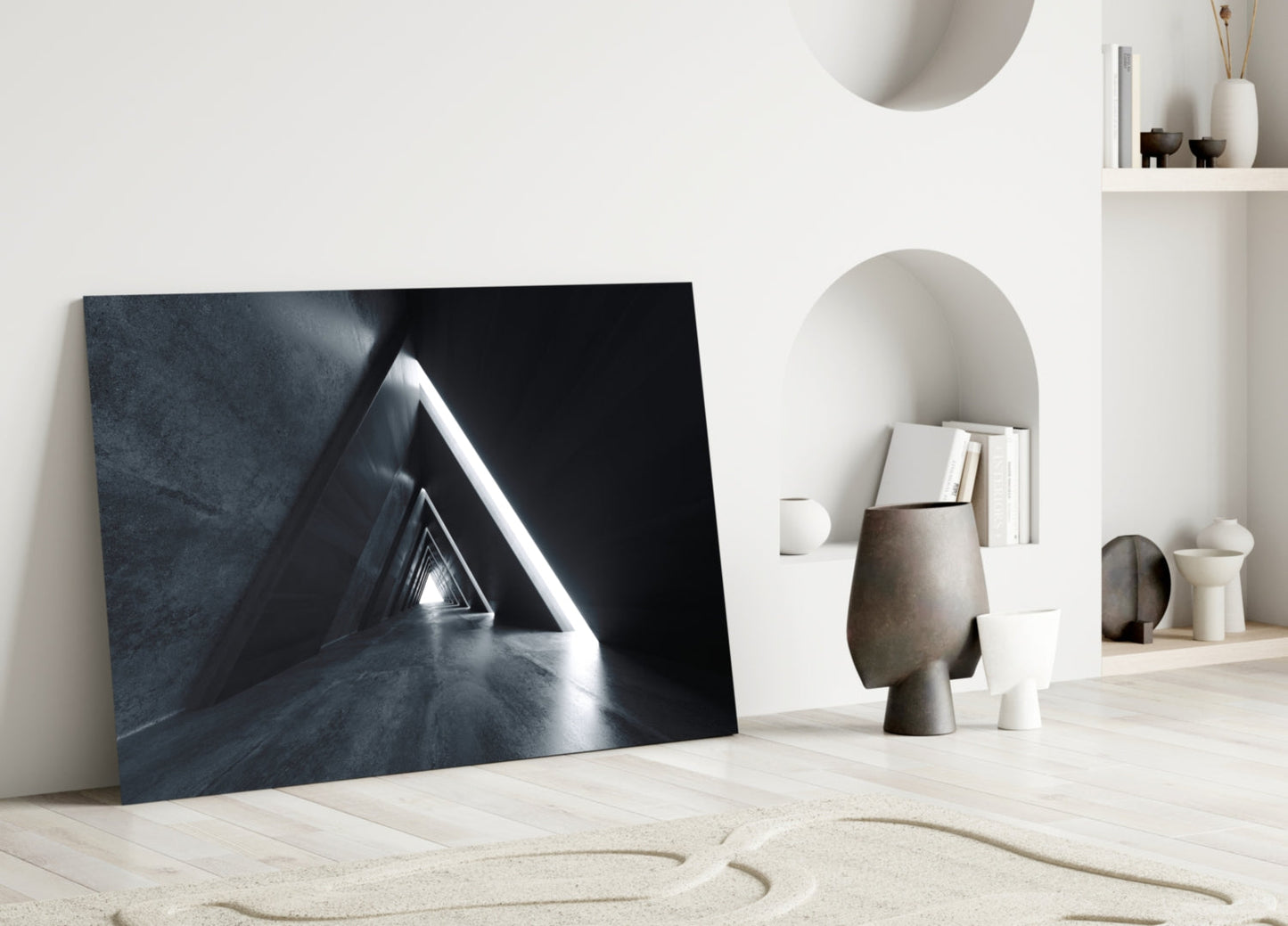 Dark Triangle Corridor With Neon Light Glass Wall Art