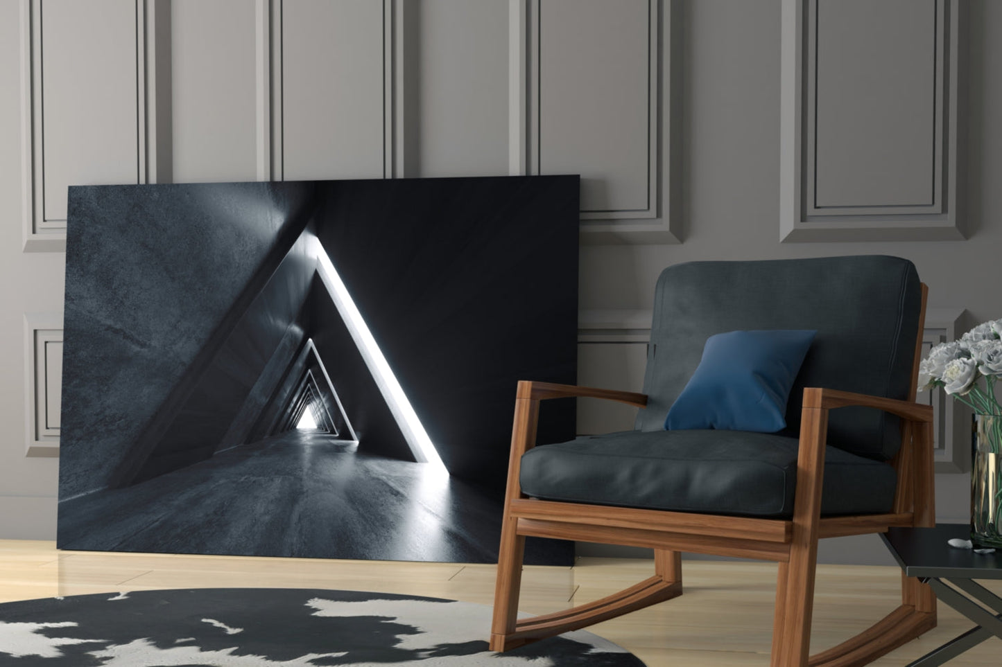 Dark Triangle Corridor With Neon Light Glass Wall Art