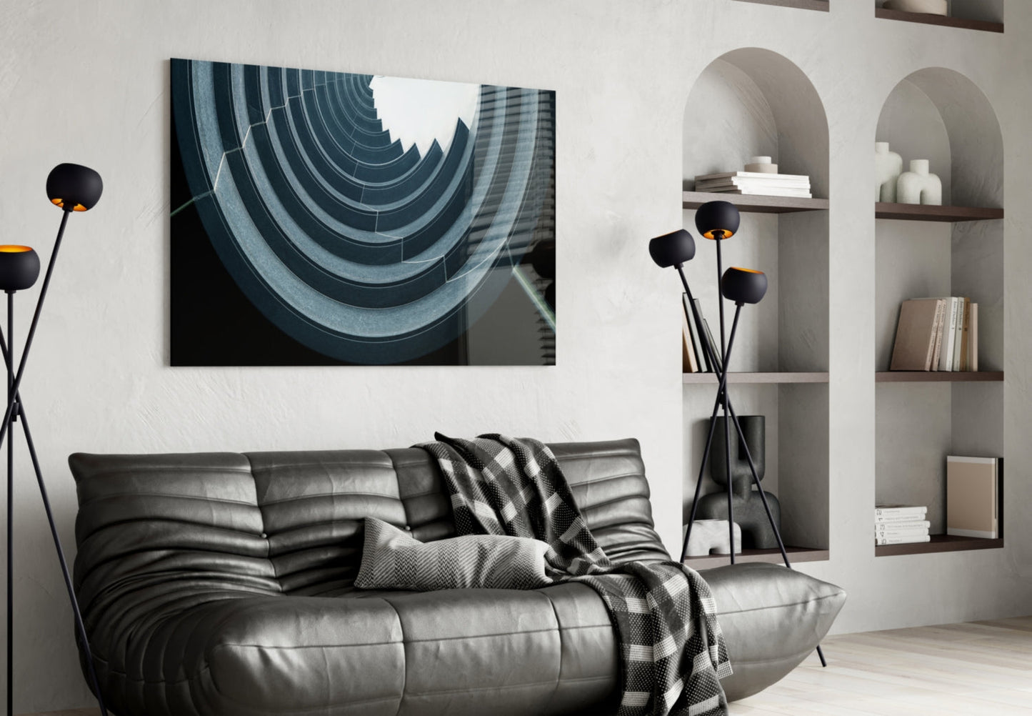 Curved Concrete Arcs Spiral Ceiling Glass Wall Art