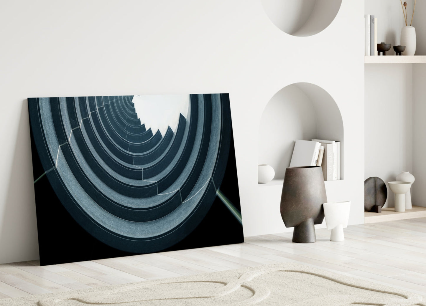 Curved Concrete Arcs Spiral Ceiling Glass Wall Art