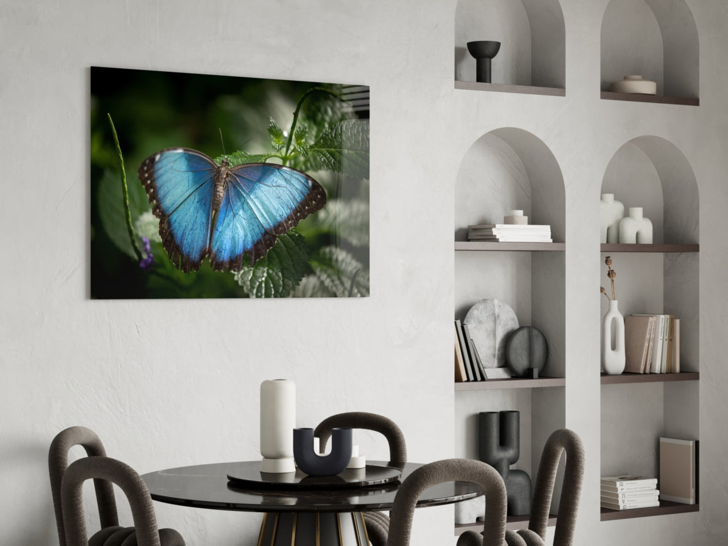 Blue Morpho on Leaves Butterfly Glass Wall Art