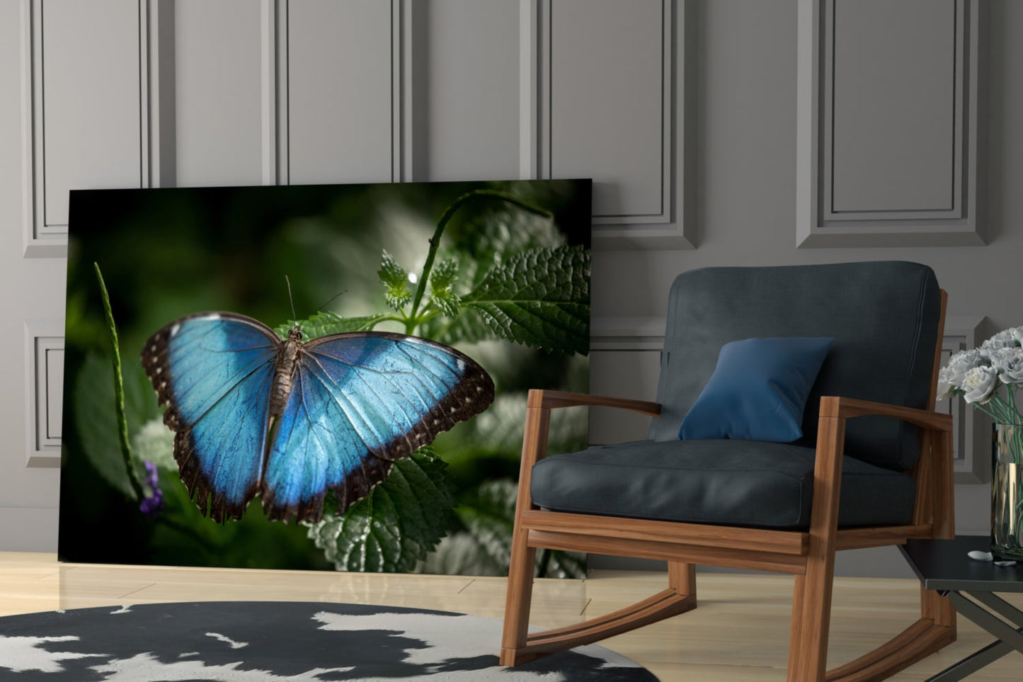 Blue Morpho on Leaves Butterfly Glass Wall Art