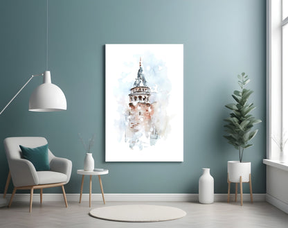 Soft Watercolor Galata Tower Glass Wall Art