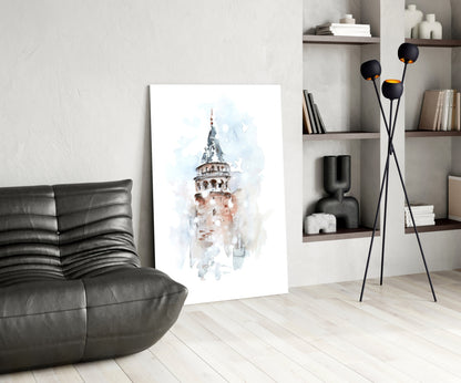 Soft Watercolor Galata Tower Glass Wall Art