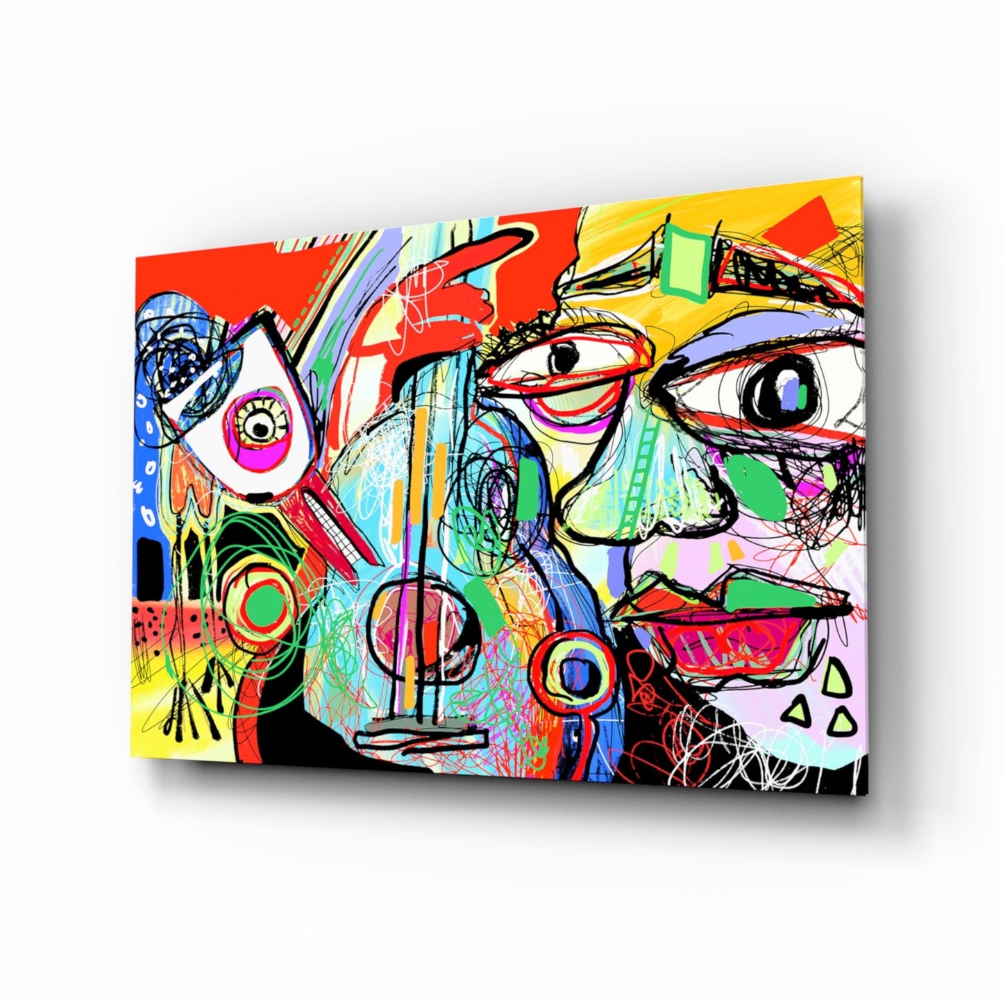 Colorful abstract glass wall art featuring vibrant geometric patterns, bold black outlines, and layered facial features in red, yellow, blue, and green tones, displayed at an angled perspective.