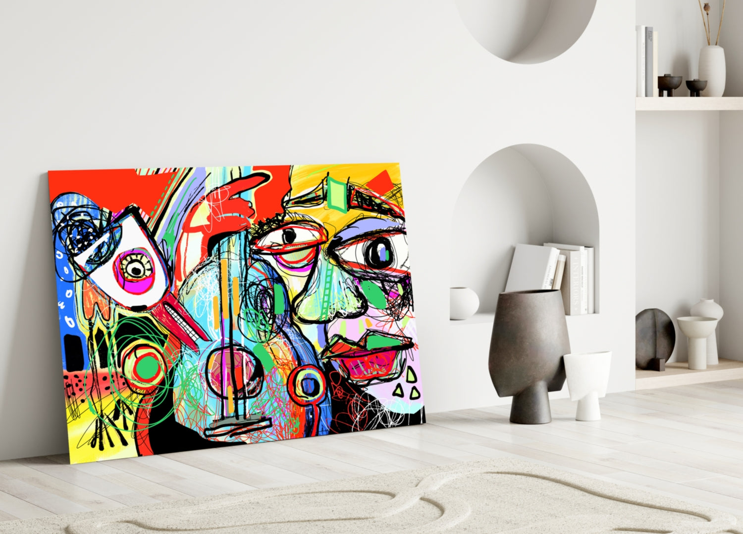 Vibrant multicolored abstract glass art leaning against white wall in minimalist room setting, featuring bold geometric shapes and expressive linework.