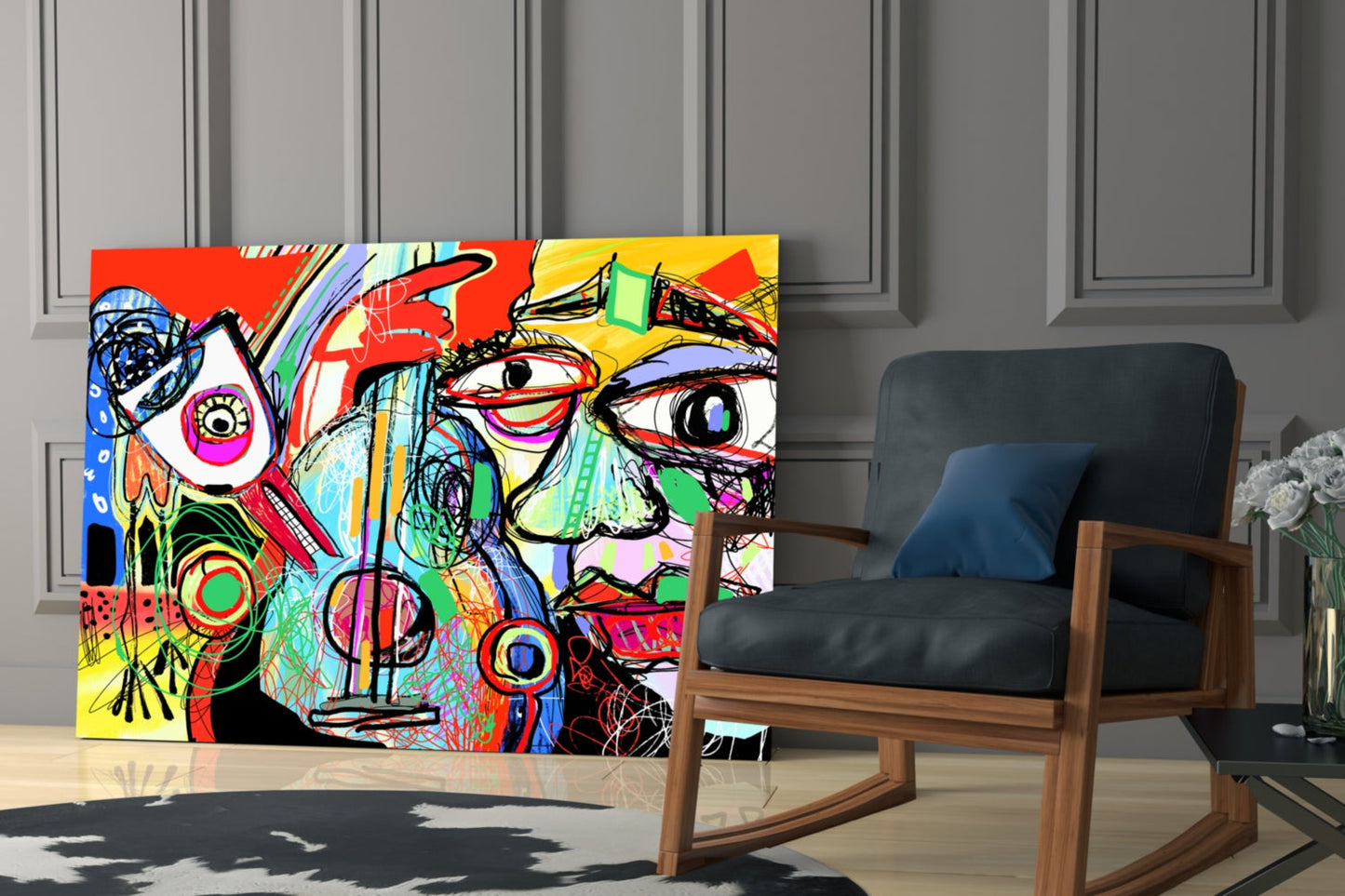 Colorful abstract glass wall art featuring vibrant red, yellow, blue, and green sections with expressive face designs displayed in modern room setting beside wooden rocking chair.