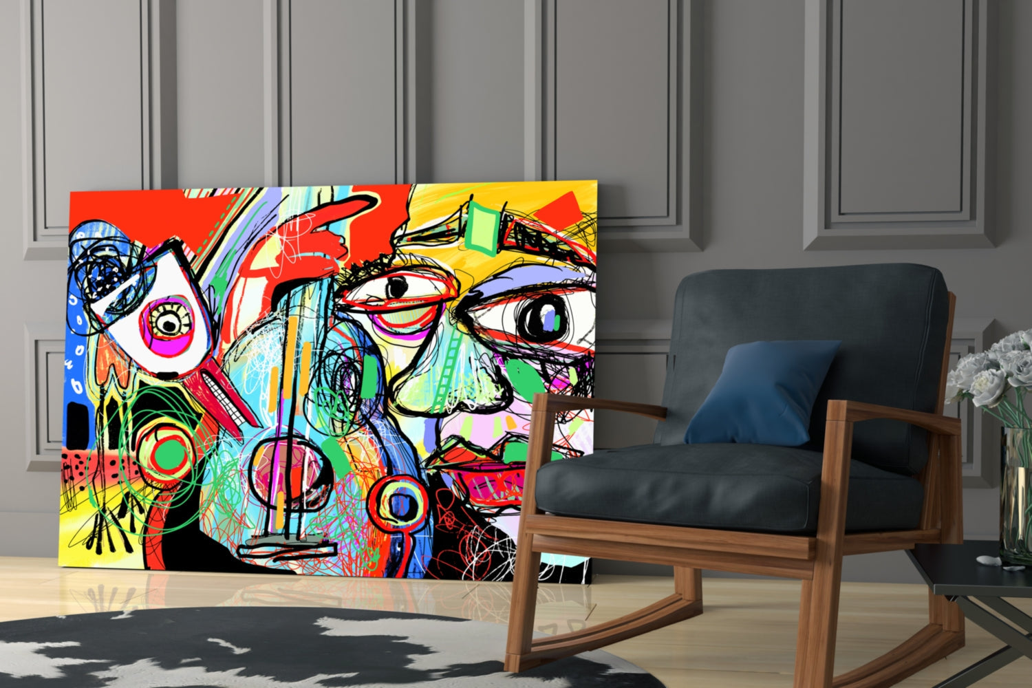 Colorful abstract glass wall art featuring vibrant red, yellow, blue, and green sections with expressive face designs displayed in modern room setting beside wooden rocking chair.