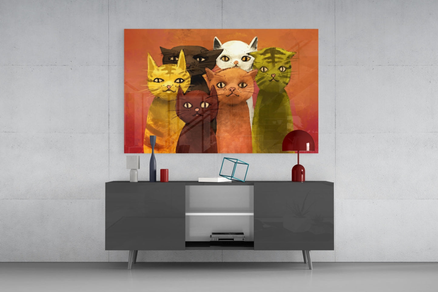 Six Retro Painted Cats On Orange Glass Wall Art