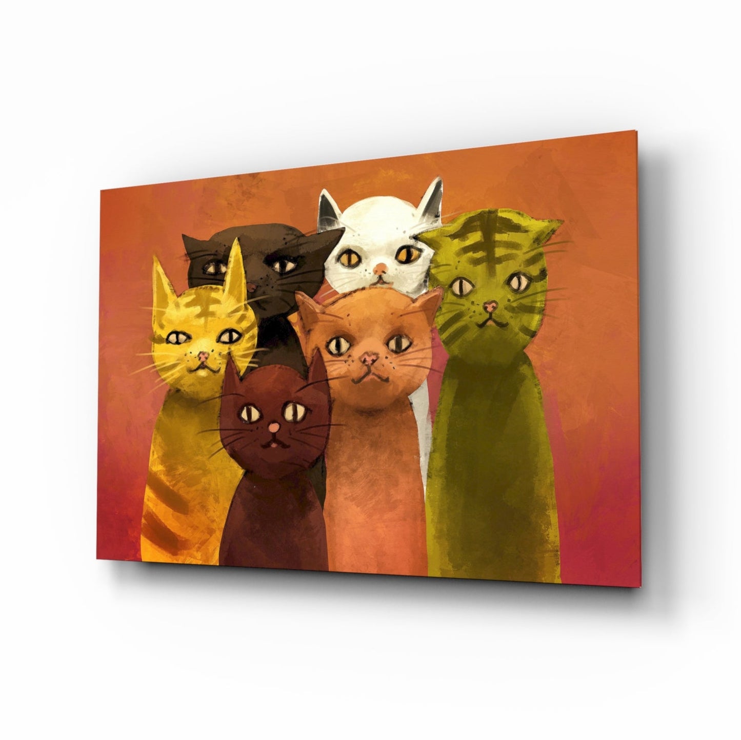 Six Retro Painted Cats On Orange Glass Wall Art