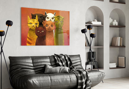 Six Retro Painted Cats On Orange Glass Wall Art