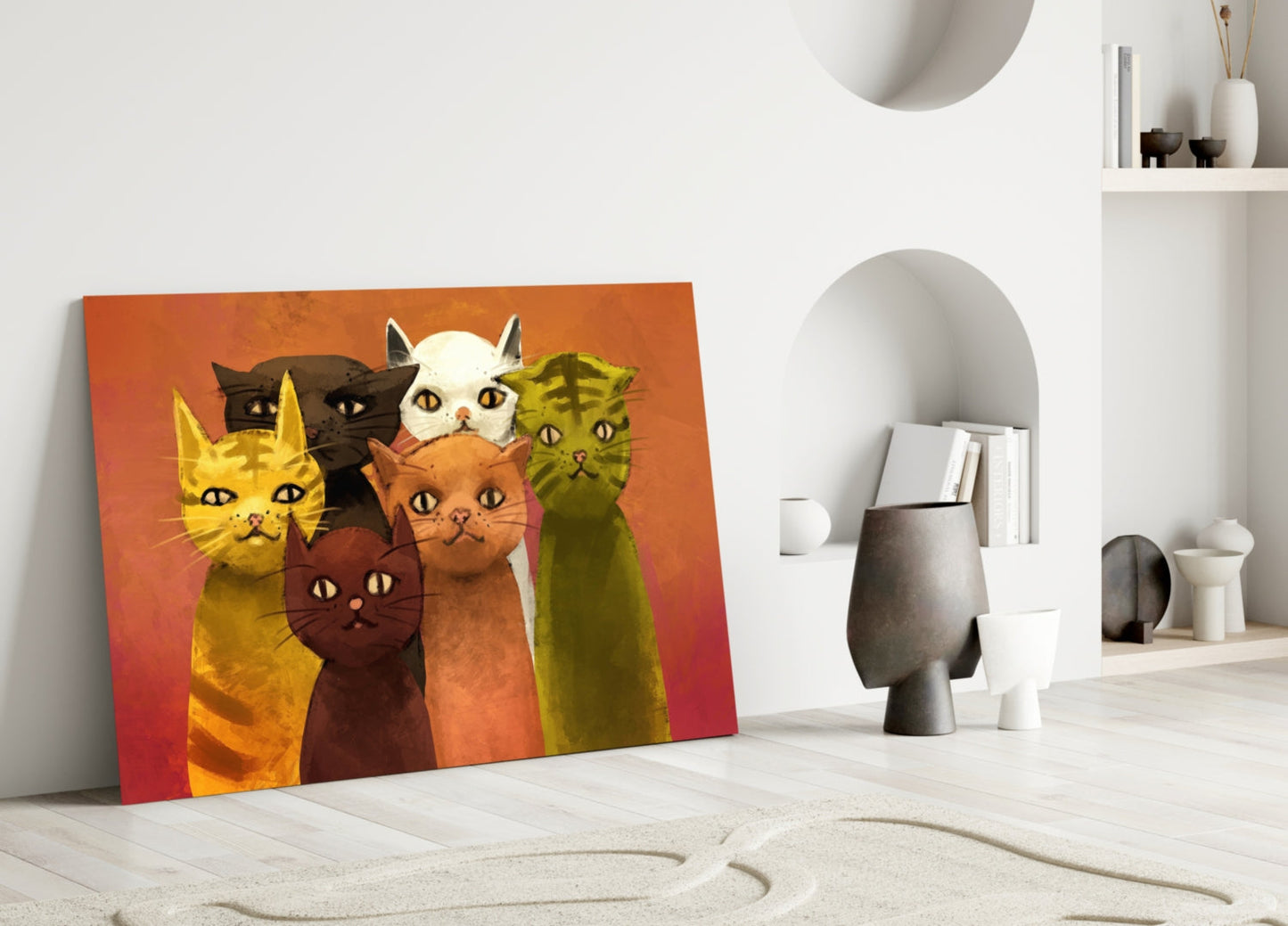 Six Retro Painted Cats On Orange Glass Wall Art