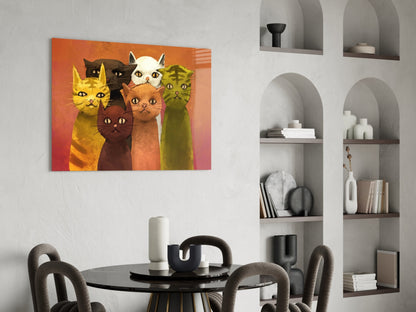 Six Retro Painted Cats On Orange Glass Wall Art