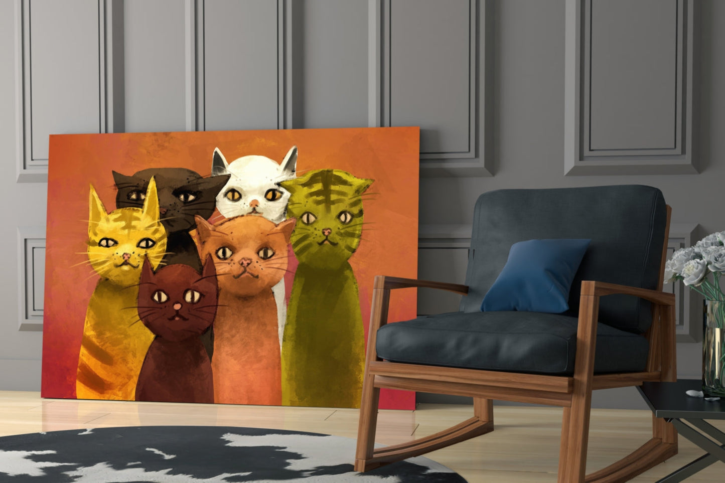 Six Retro Painted Cats On Orange Glass Wall Art
