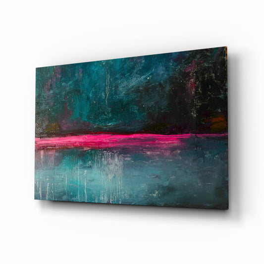 Abstract glass wall art with teal upper section, bright pink horizontal band, and textured lower area, displayed at an angle against white background.