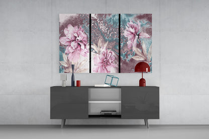 Pink Peony Teal Marble Glass Wall Art