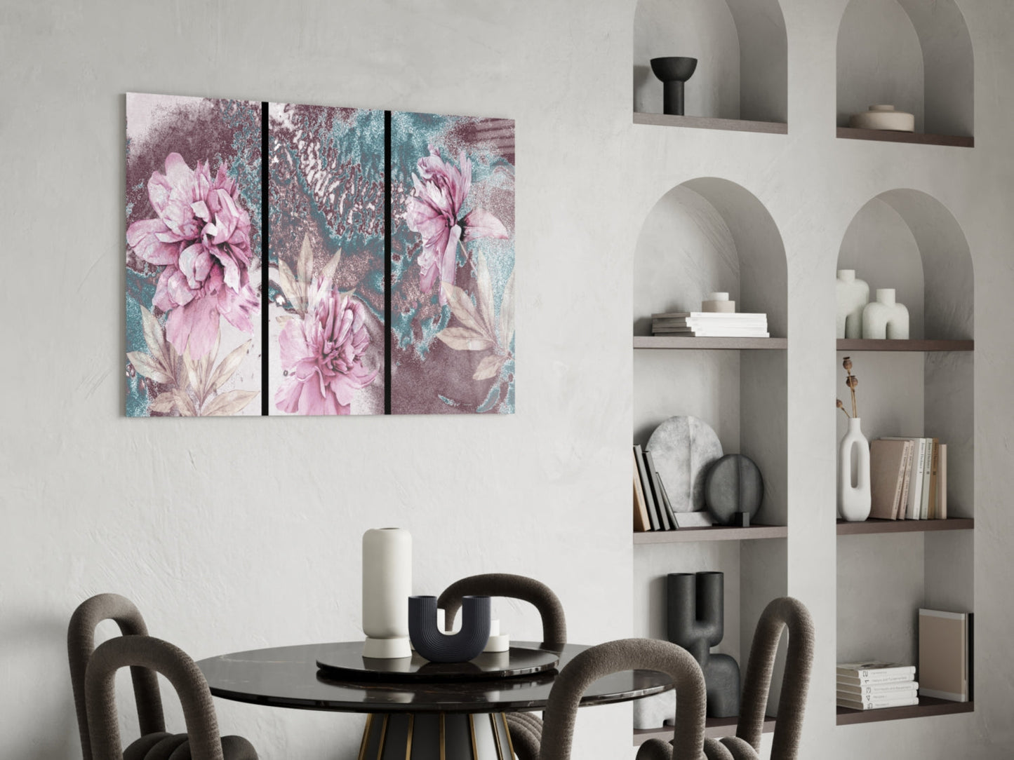 Pink Peony Teal Marble Glass Wall Art
