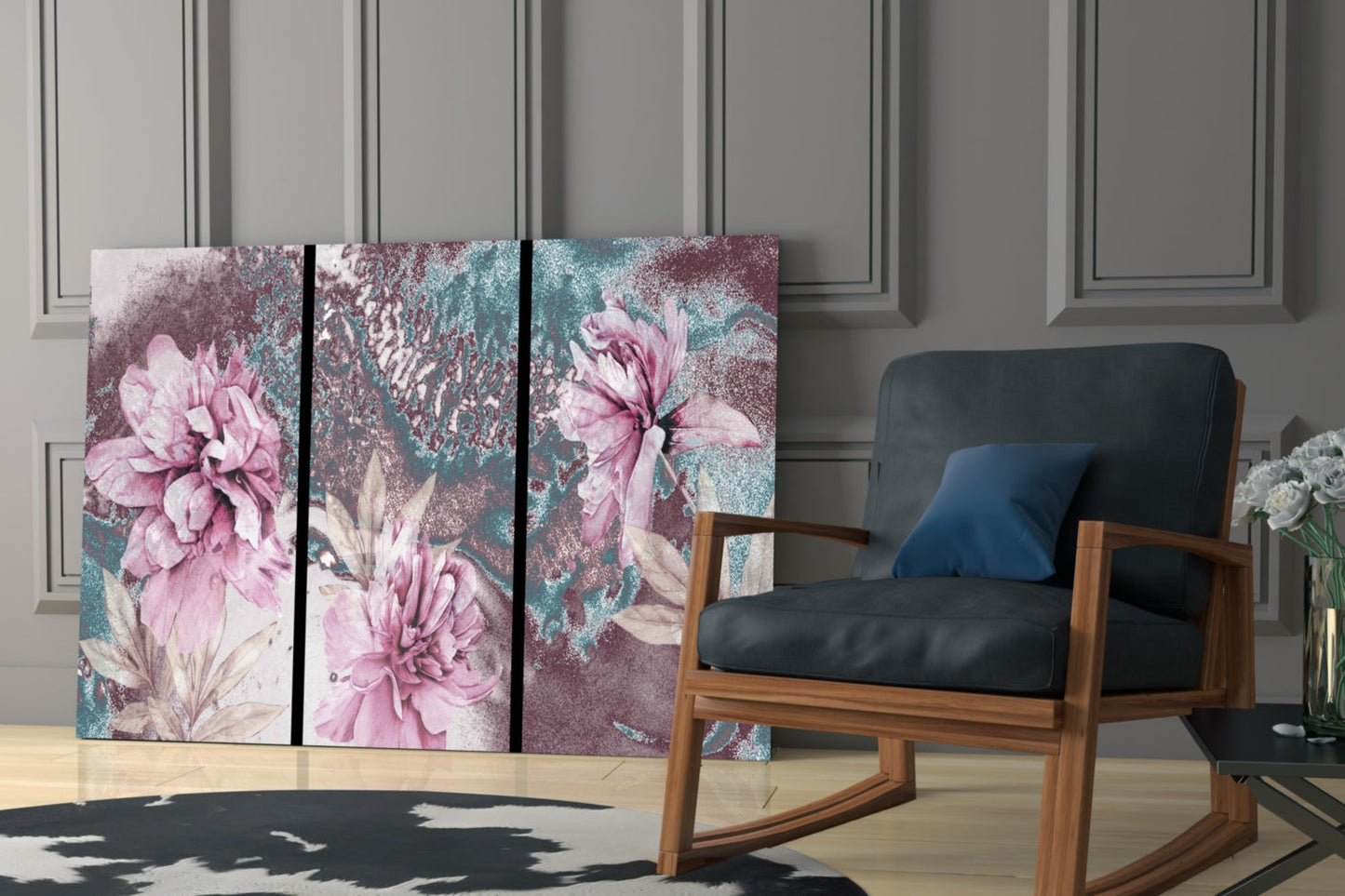 Pink Peony Teal Marble Glass Wall Art