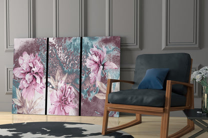 Pink Peony Teal Marble Glass Wall Art