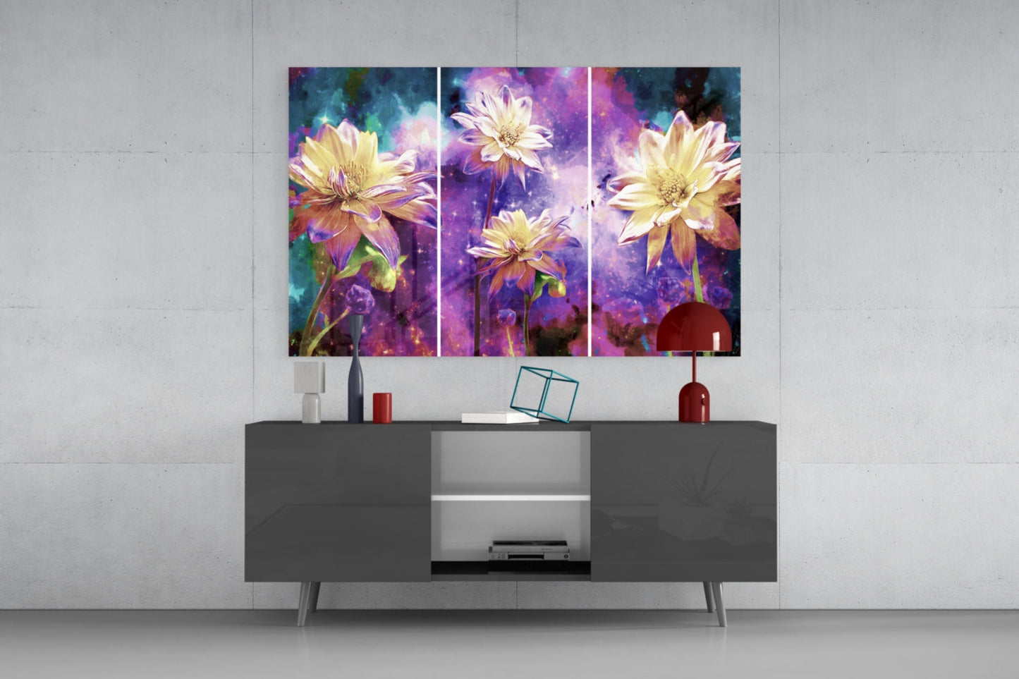 Golden Dahlias Purple Cosmos Glass Wall Art