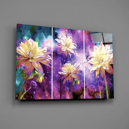 Golden Dahlias Purple Cosmos Glass Wall Art