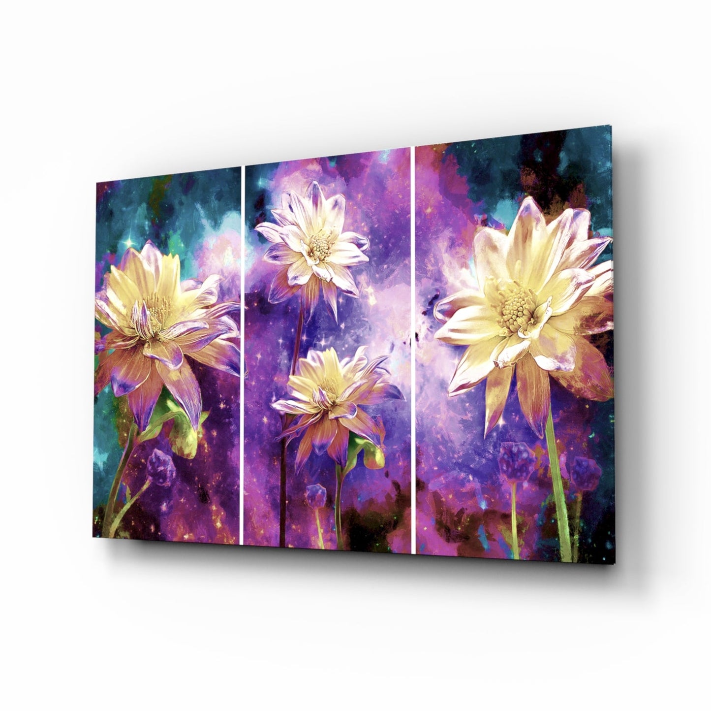 Golden Dahlias Purple Cosmos Glass Wall Art