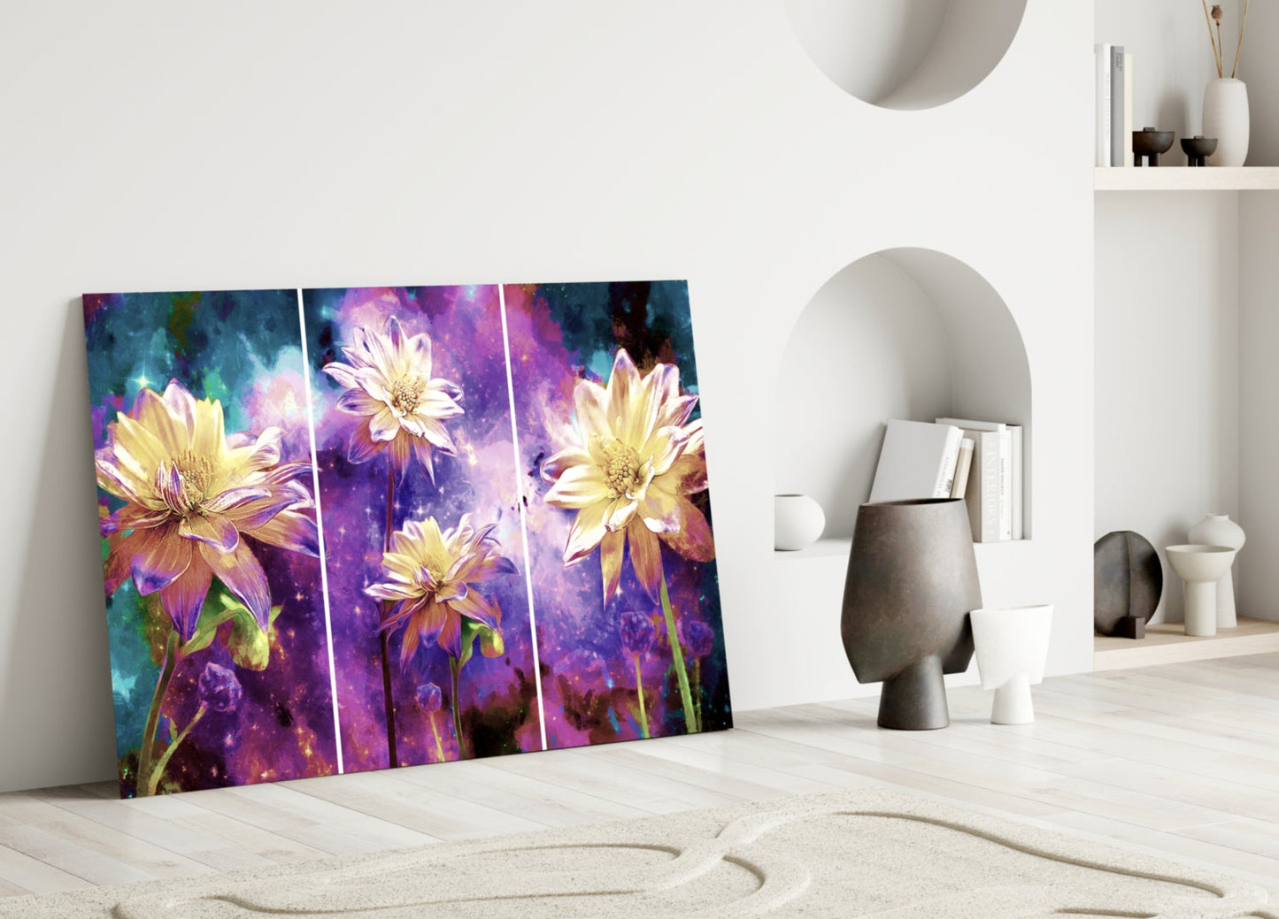 Golden Dahlias Purple Cosmos Glass Wall Art