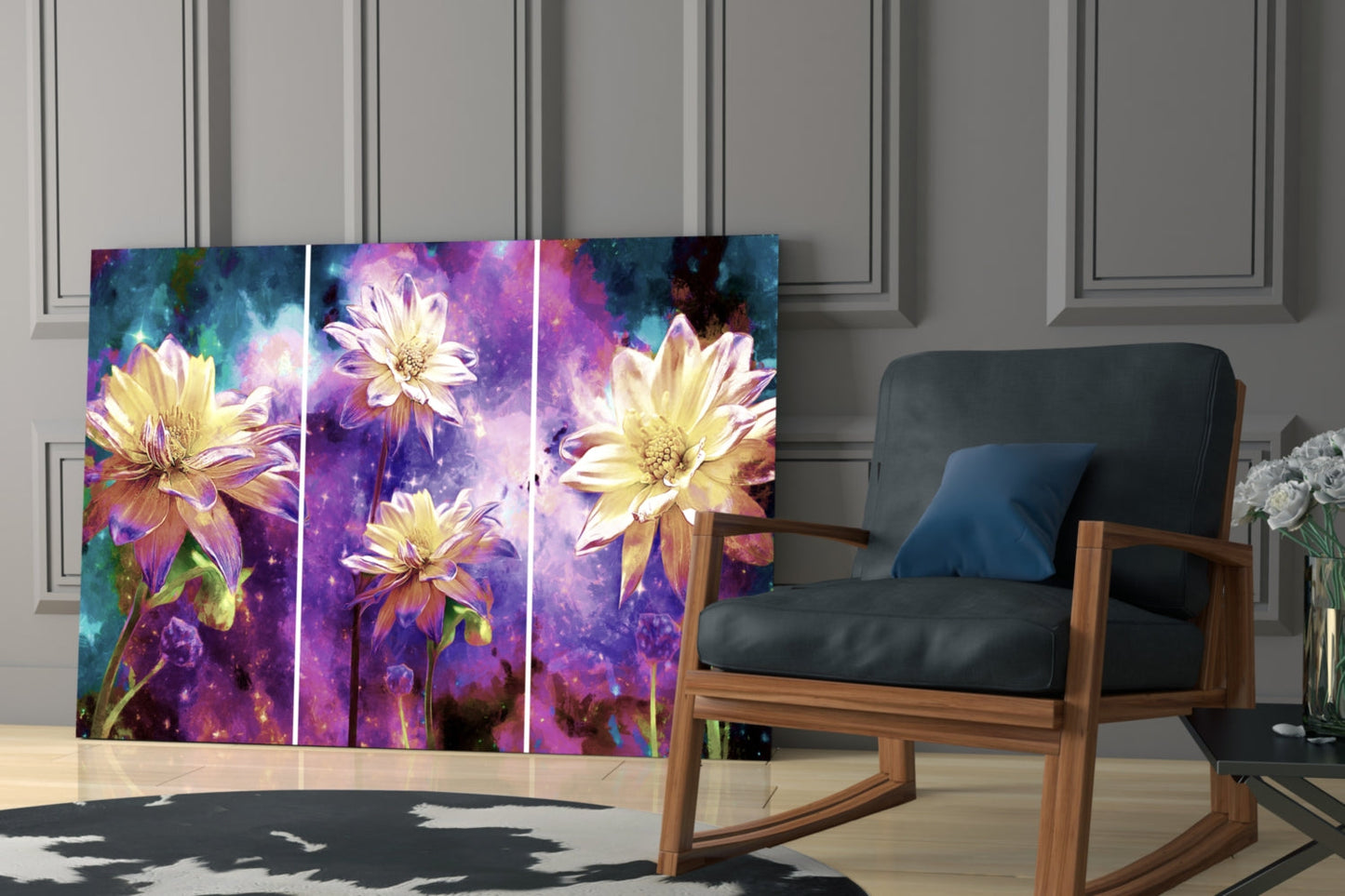 Golden Dahlias Purple Cosmos Glass Wall Art