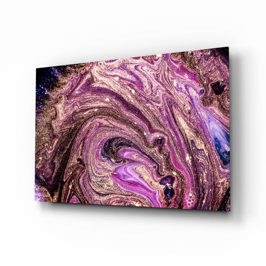Angled three-dimensional view of purple and gold marbled glass wall art with swirling patterns and glitter accents.