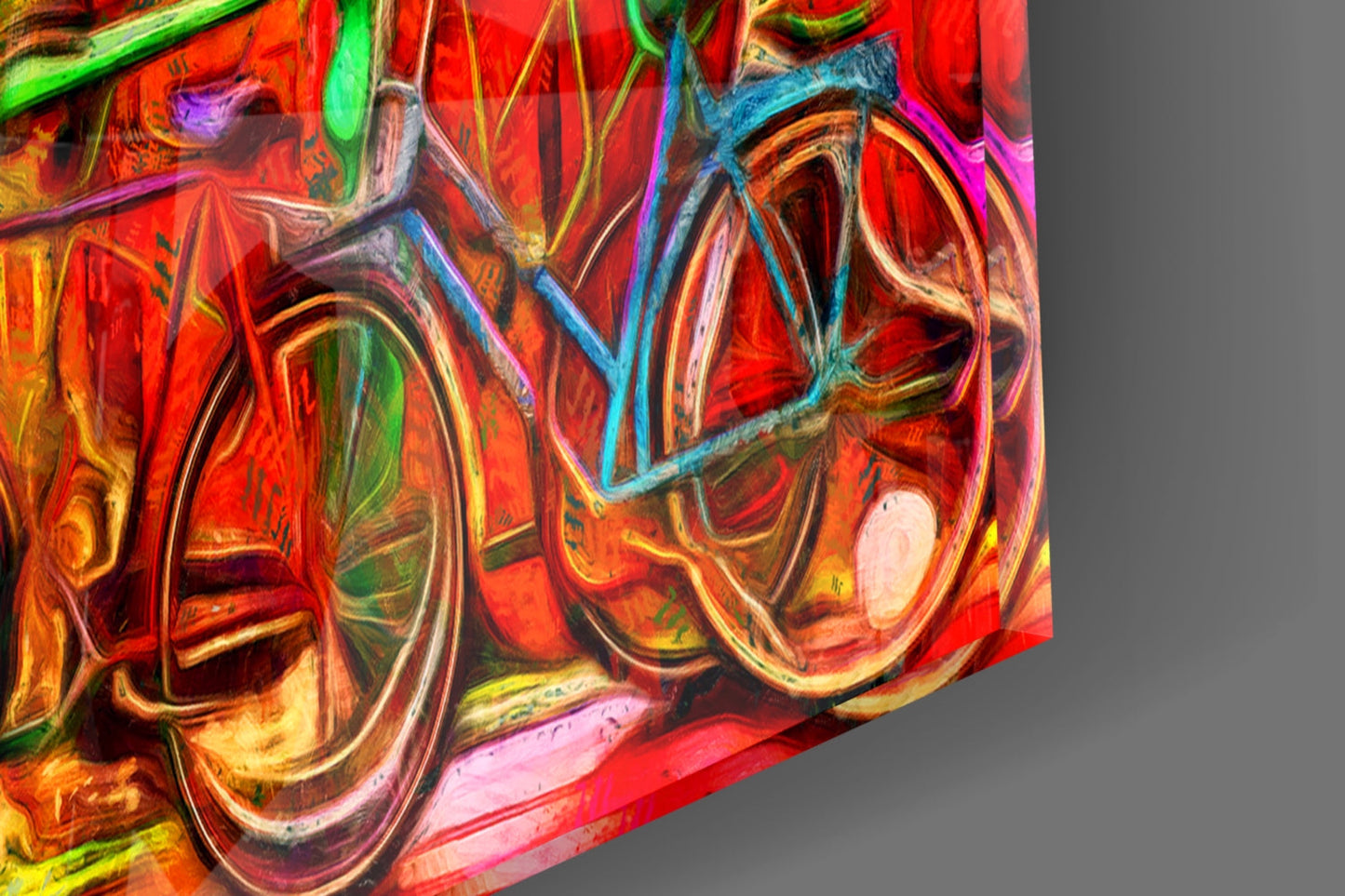 Close-up detail of vibrant glass wall art featuring swirling red, orange, yellow, and blue abstract patterns with reflective surfaces.