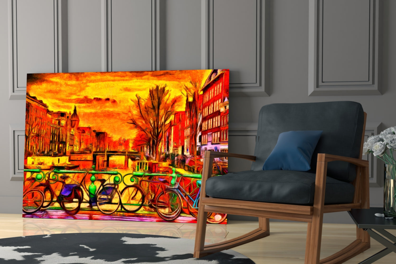 Vibrant glass wall art featuring neon-colored bicycles and buildings against orange sky, displayed in modern room setting.