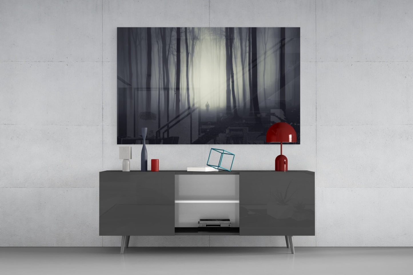 Lone Figure in Dark Misty Woods Glass Wall Art