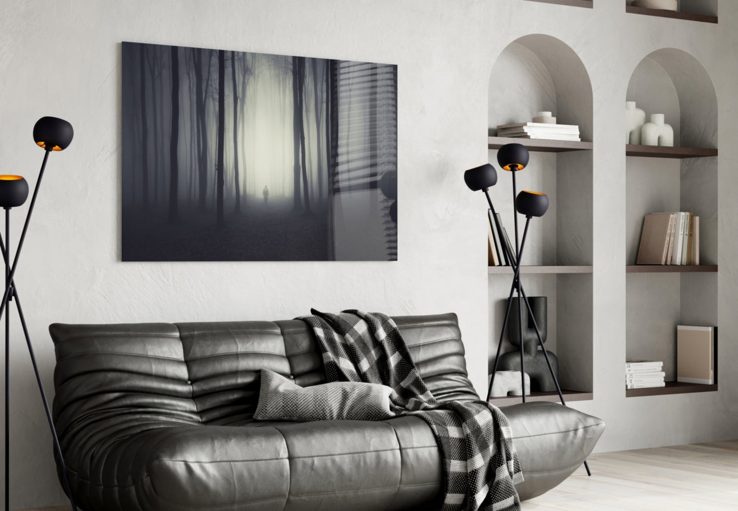 Lone Figure in Dark Misty Woods Glass Wall Art