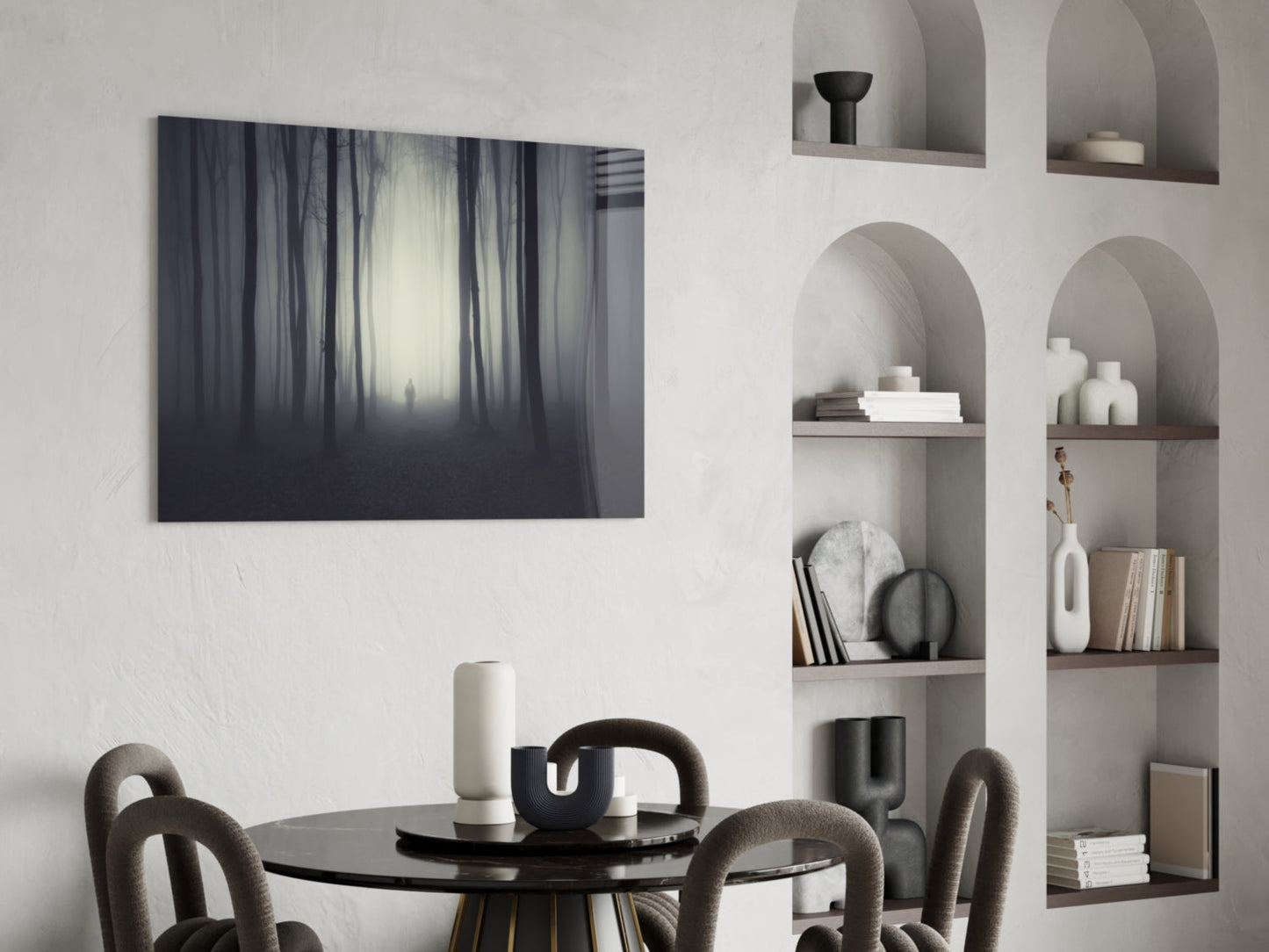 Lone Figure in Dark Misty Woods Glass Wall Art