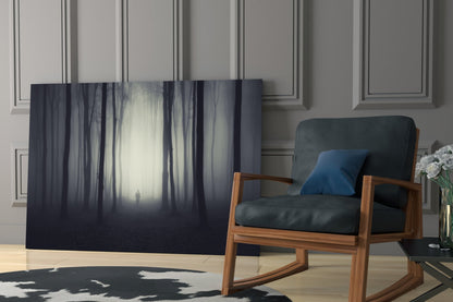 Lone Figure in Dark Misty Woods Glass Wall Art