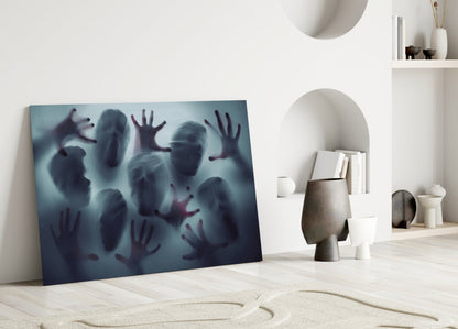 Silent Scream glass wall art leaning against white wall in minimalist room with shelving and decorative objects.