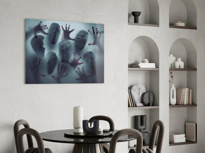 Silent Scream glass wall art displayed above a round black dining table with beige chairs in a minimalist interior with built-in shelving.