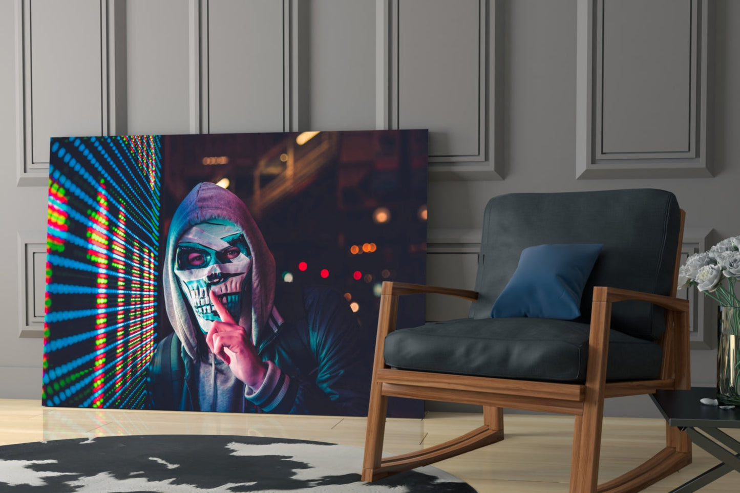 Digital art glass panel featuring neon-lit skeletal face with colorful LED grid background, displayed in modern living room setting.