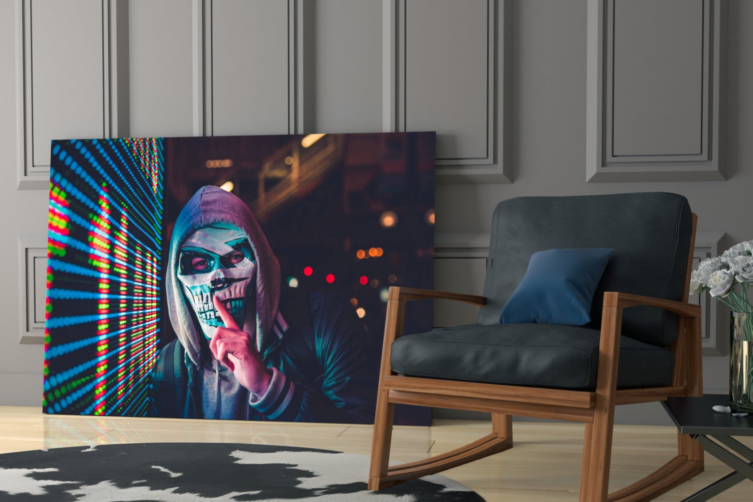 Digital art glass panel featuring neon-lit skeletal face with colorful LED grid background, displayed in modern living room setting.
