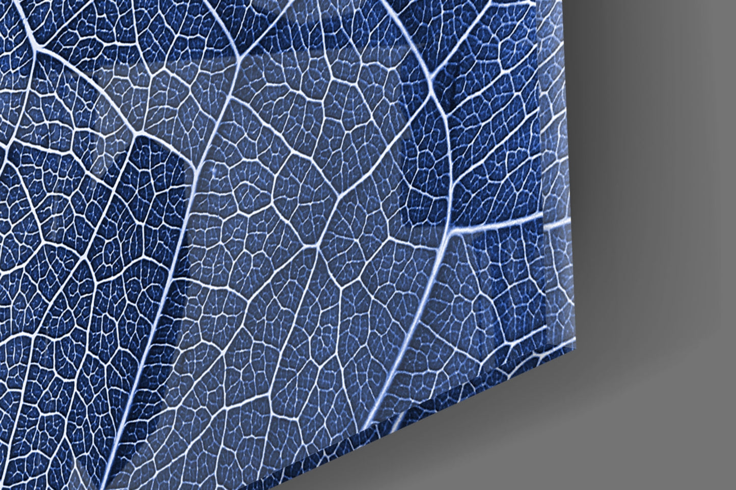 Close-up of blue glass wall art showing detailed white veining pattern resembling a leaf's cellular structure against deep blue background.