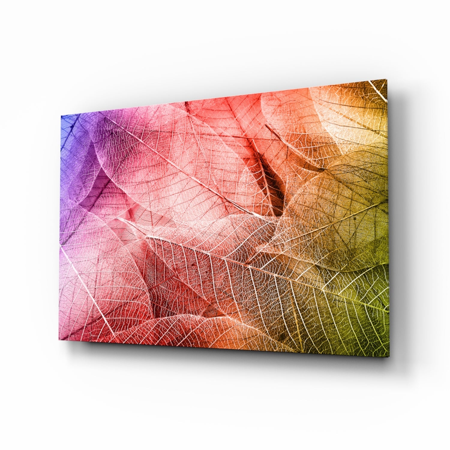 Angled view of glass wall art displaying translucent layered leaves in gradient colors from purple and pink to orange, red, and yellow-green.