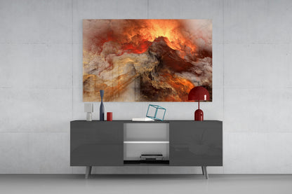 Crimson Apocalypse glass wall art hung above gray media console, displaying fiery orange and red volcanic eruption scene with decorative objects.