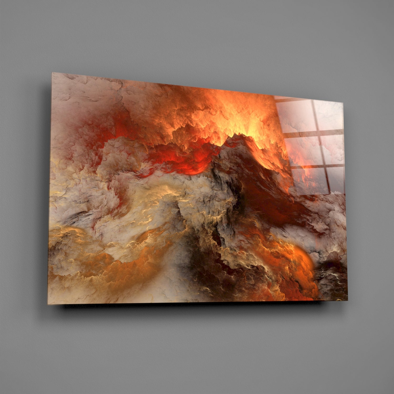 Glass wall art panel displaying dramatic volcanic landscape with orange, red, and cream-colored mineral formations against gray wall.