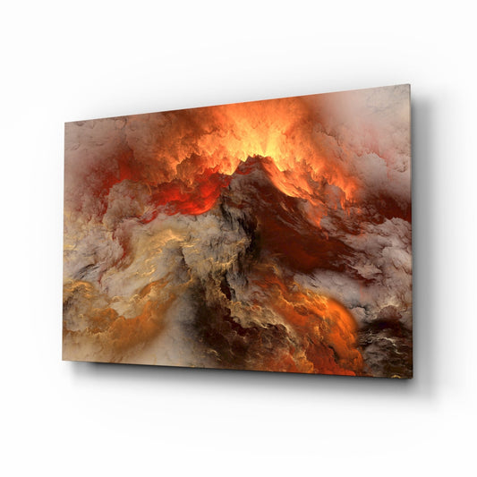 Angled product view of glass wall art displaying vibrant orange and red flames against rocky terrain with white smoke effects.